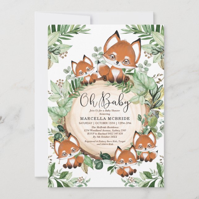 Invitación Cute Fox Botany Greenery Neutral Baby Shower (Anverso)