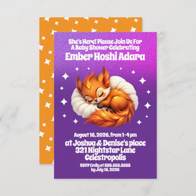 Invitación Cute Fox Cub Asleep in Starry Sky Baby Shower (Anverso / Reverso)