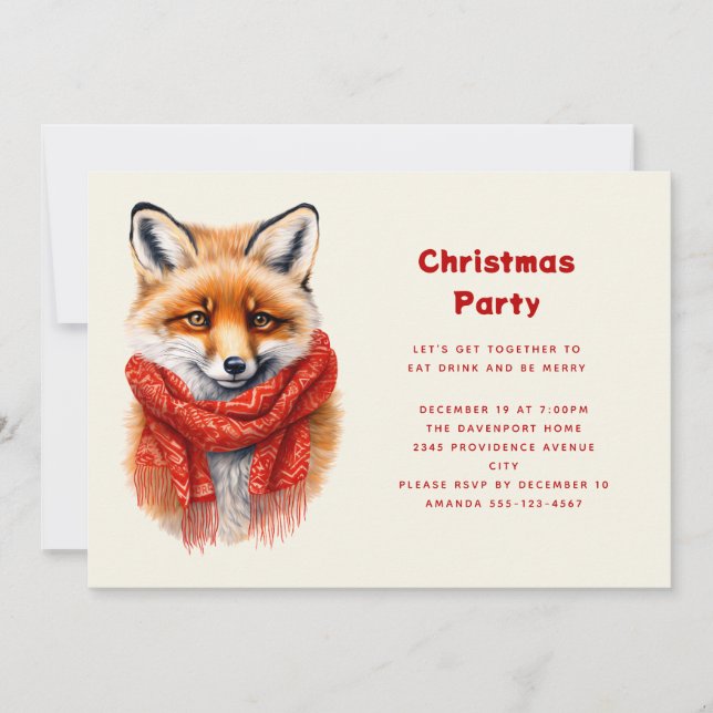 Invitación Cute Fox in a Red Scarf Autumn Image Christmas (Anverso)