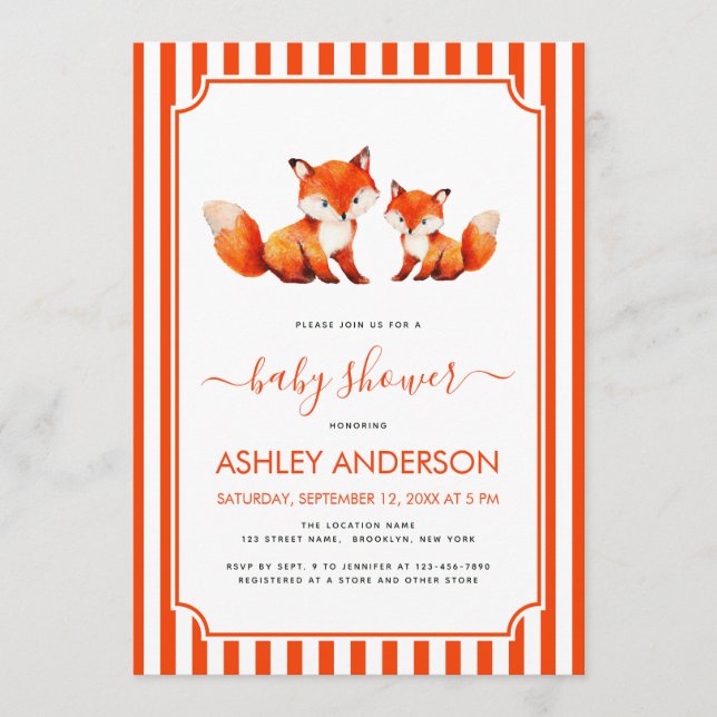 Invitación Cute Fox Mama and Baby Shower Animals Red Stripes (Anverso)