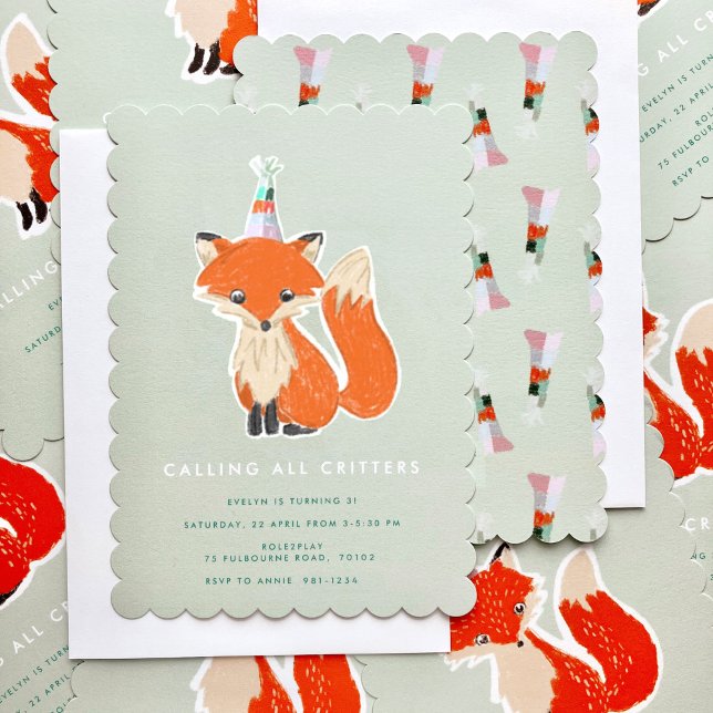 Invitación Cute Fox Party Hat Woodland Birthday (Fox birthday party invitations)