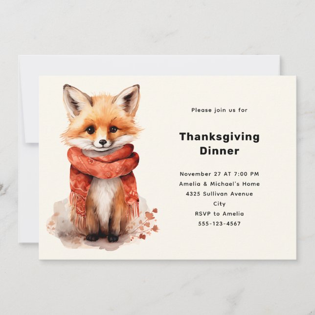 Invitación Cute Fox Pup in a Red Scarf Thanksgiving Dinner (Anverso)