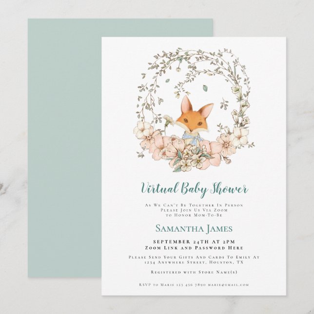 Invitación Cute Fox Vintage Foliage Virtual Baby Shower (Anverso / Reverso)