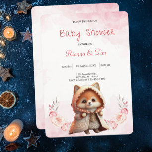 Invitación Cute Fox Woodland Animals Pink Floral Baby Shower