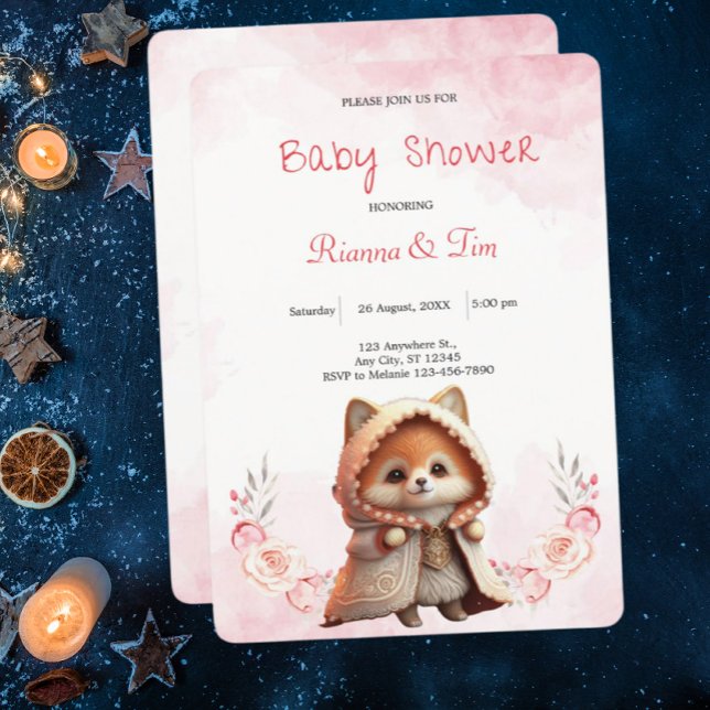 Invitación Cute Fox Woodland Animals Pink Floral Baby Shower (Subido por el creador)