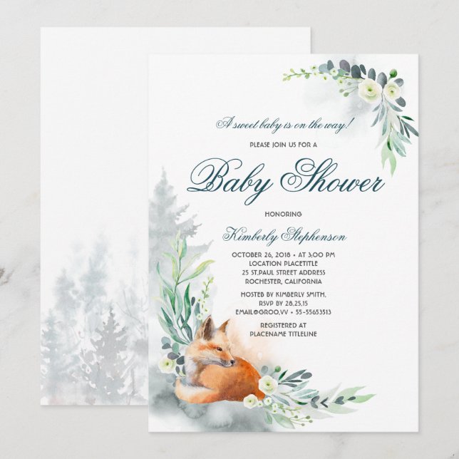 Invitación Cute Fox Woodland Spring Baby Shower (Anverso / Reverso)