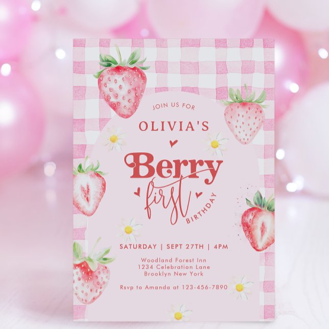 Invitación Cute Fresa Fruit Daisy Berry Primer cumpleaños (Subido por el creador)