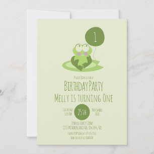 Invitación Cute Frog Birday Party Balloon Green Lily Pad