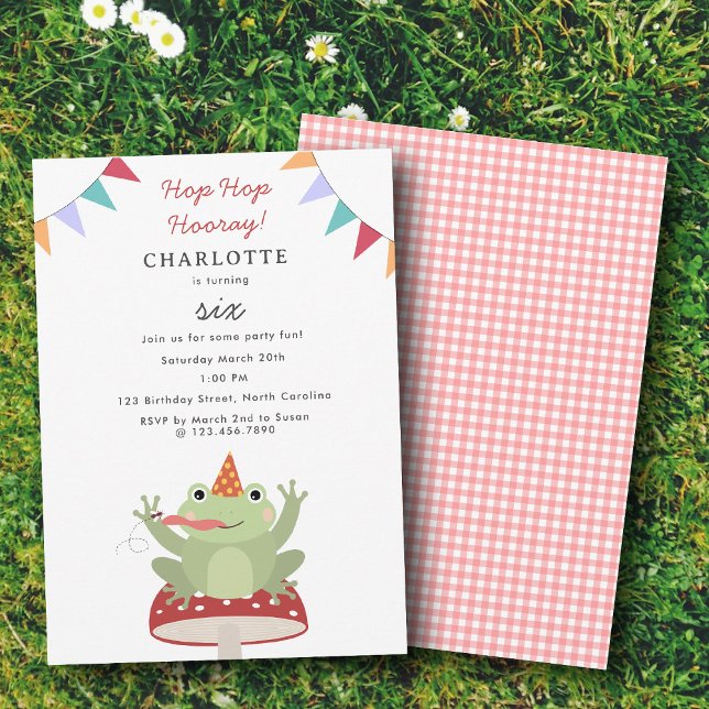 Invitación Cute Frog Hop Hop Hooray Mushroom Plaid Birthday (Cute Frog Hop Hop Hooray Mushroom Plaid Birthday Invitation)