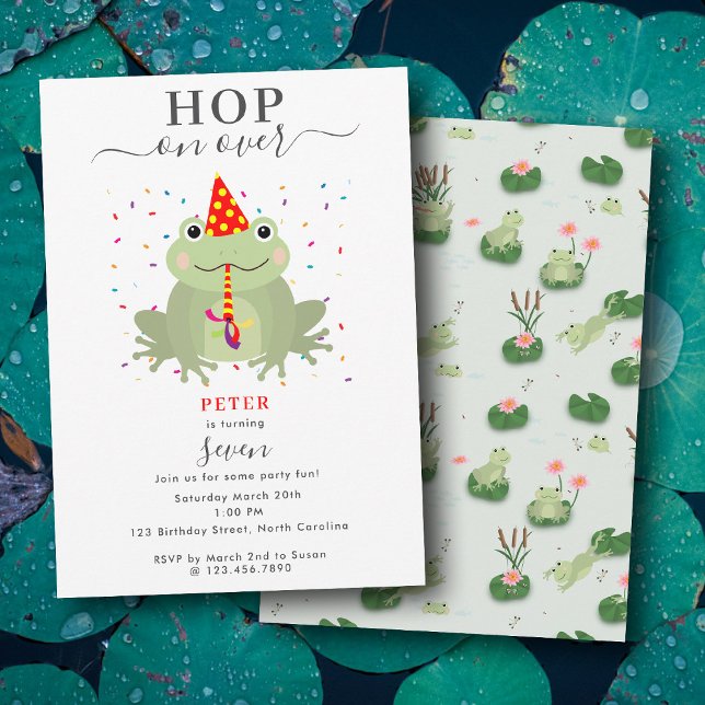 Invitación Cute Frog Party Hat Hop On Over Kids Birthday (Cute Frog Party Hat Hop On Over Kids Birthday Invitation)
