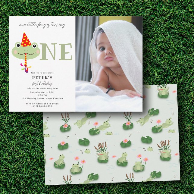 Invitación Cute Frog Party Hat Kids First 1st Birthday Photo (Cute Frog Party Hat Kids First 1st Birthday Photo Invitation)