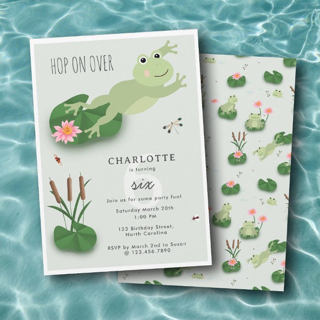 Invitación Cute Frogs in Lily Pond Hop On Over Kids Birthday (Cute Frogs in Lily Pond Hop On Over Kids Birthday Invitation)