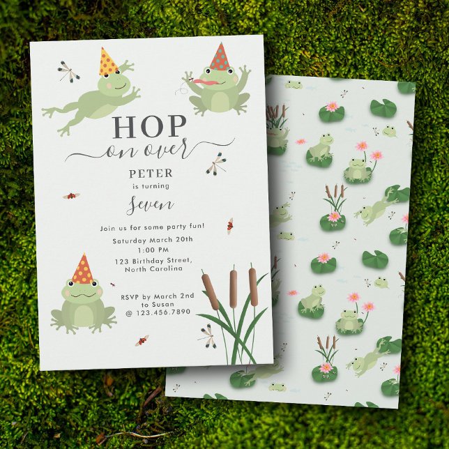 Invitación Cute Frogs in Lily Pond Hop On Over Kids Birthday (Cute Frogs in Lily Pond Hop On Over Kids Birthday Invitation)