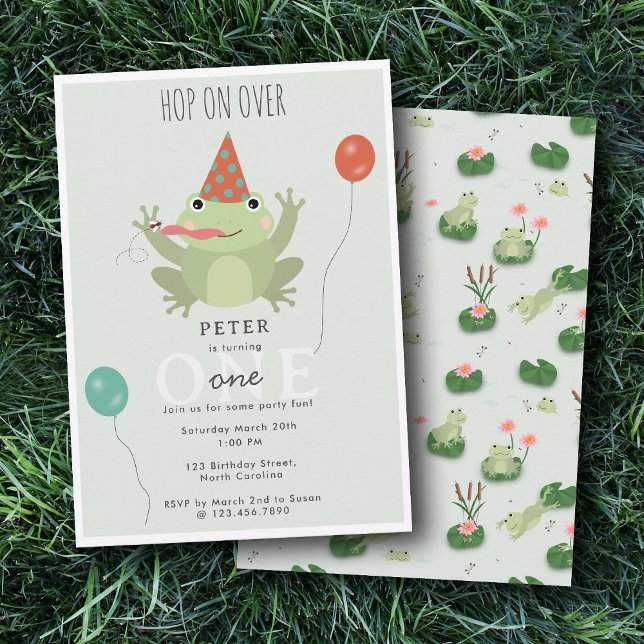 Invitación Cute Frogs in Lily Pond Hop On Over Kids Birthday (Cute Frogs in Lily Pond Hop On Over Kids Birthday Invitation)