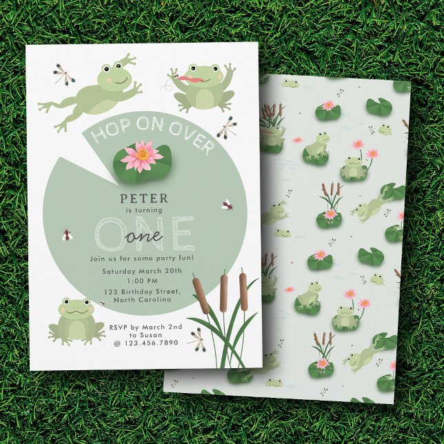 Invitación Cute Frogs in Lily Pond Hop On Over Kids Birthday (Cute Frogs in Lily Pond Hop On Over Kids Birthday Invitation)