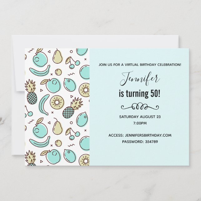 Invitación Cute Fruit Pattern Summery Tema de cumpleaños virt (Anverso)