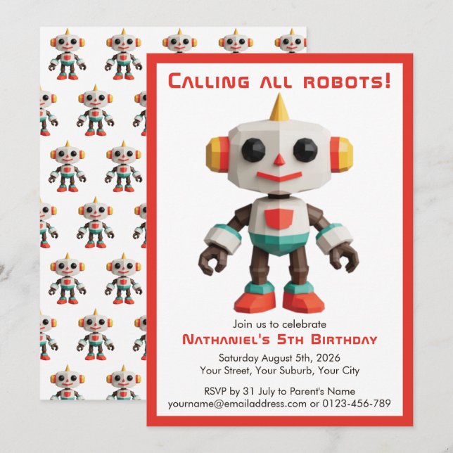 Invitación Cute Fun Robot Kid's Birthday (Anverso / Reverso)