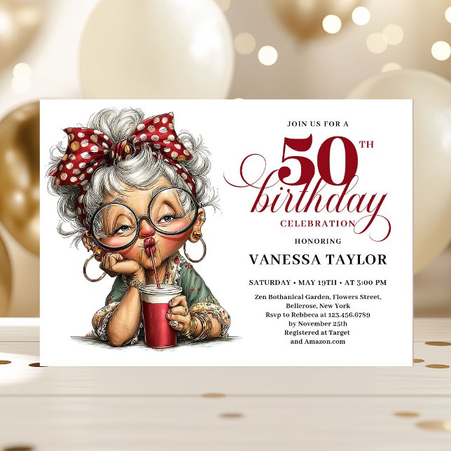 Invitación Cute Funny Lady 50th Birthday Cartoon Humor Invite (Cute Funny Lady 50th Birthday Cartoon Humor Invite)