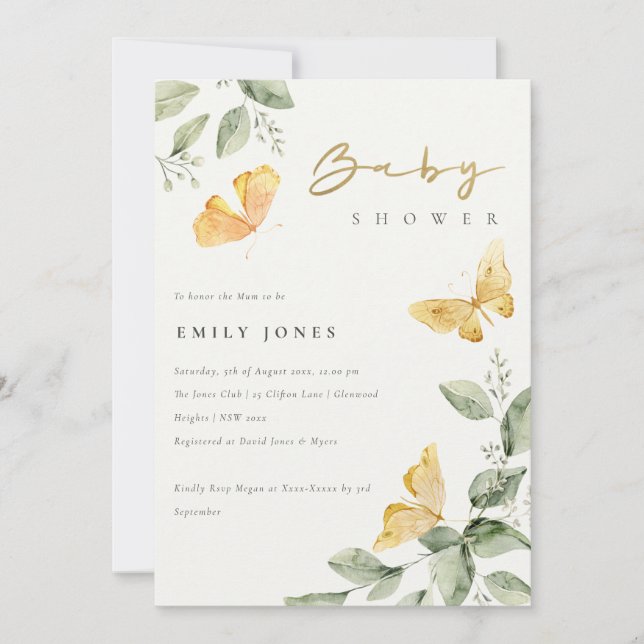 Invitación Cute Garden Foliage Butterflies Baby Shower (Anverso)