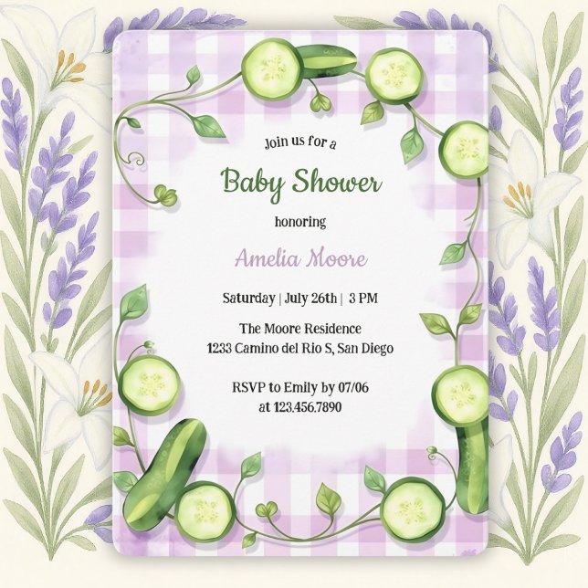 Invitación Cute Garden Fresco Tema Cucumber Baby Shower (Garden Cucumber Baby Shower Invitation – Whimsical & Fresh Design)