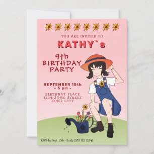 Invitación Cute Gardening Girl Flores de pelo negro Cumpleaño