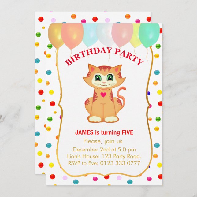 Invitación Cute gato de Tabby, globos y cumpleaños de Confett (Anverso / Reverso)