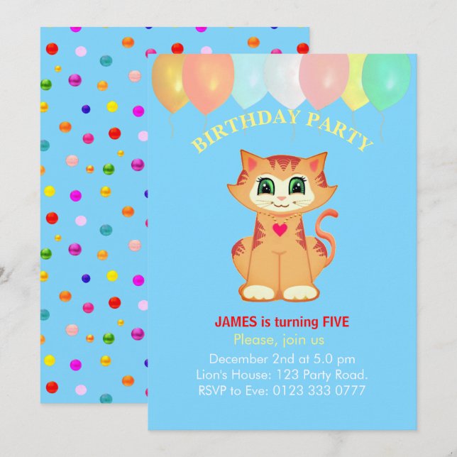Invitación Cute gato de Tabby, globos y cumpleaños de Confett (Anverso / Reverso)
