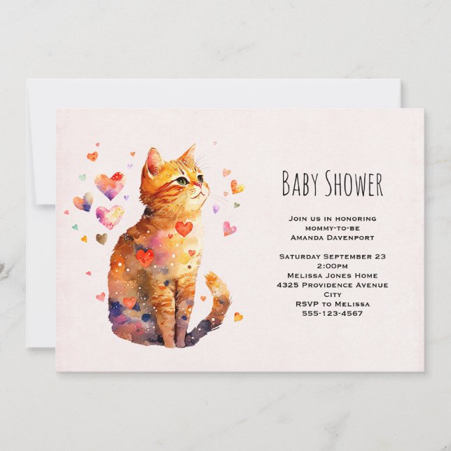 Invitación Cute gato de tabla con corazón Baby Shower (Anverso)