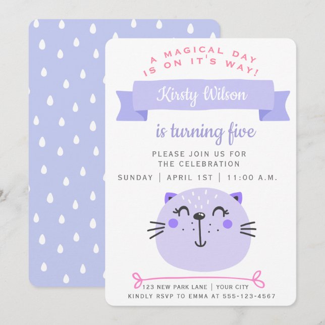 Invitación Cute Gato Púrpura | Cumpleaños de los niños (Anverso / Reverso)