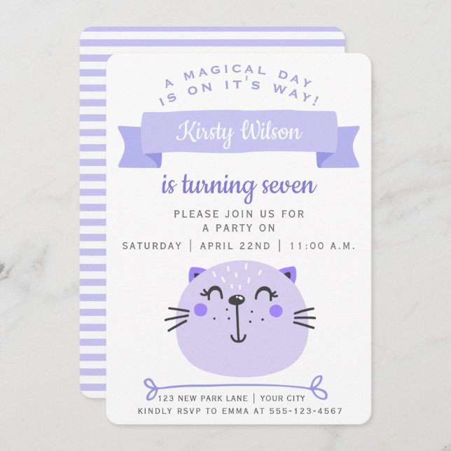 Invitación Cute Gato Púrpura | Rayas Lilac - Cumpleaños de lo (Anverso / Reverso)