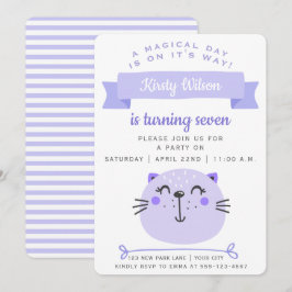 Invitación Cute Gato Púrpura | Rayas Lilac - Cumpleaños de lo