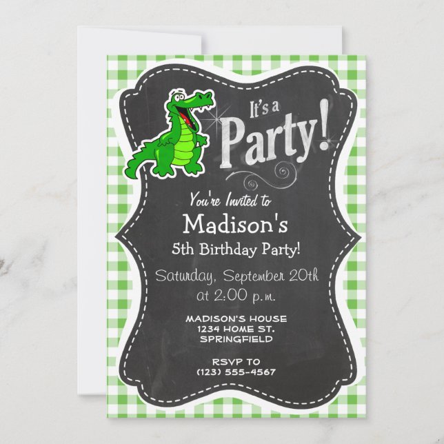 Invitación Cute Gator; Green Gingham (Anverso)
