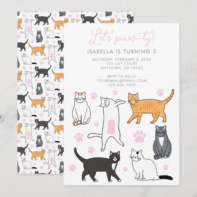 Invitación Cute gatos, invitemos a jugar a los niños al cumpl (Anverso / Reverso)