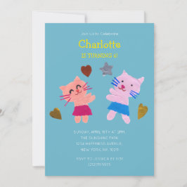 Invitación Cute gatos niños cumpleaños Papel azul colgado