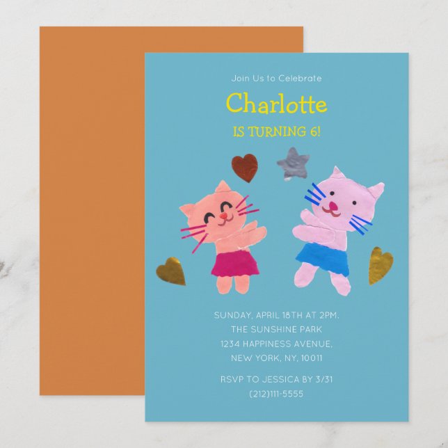 Invitación Cute gatos niños cumpleaños Papel azul colgado (Anverso / Reverso)