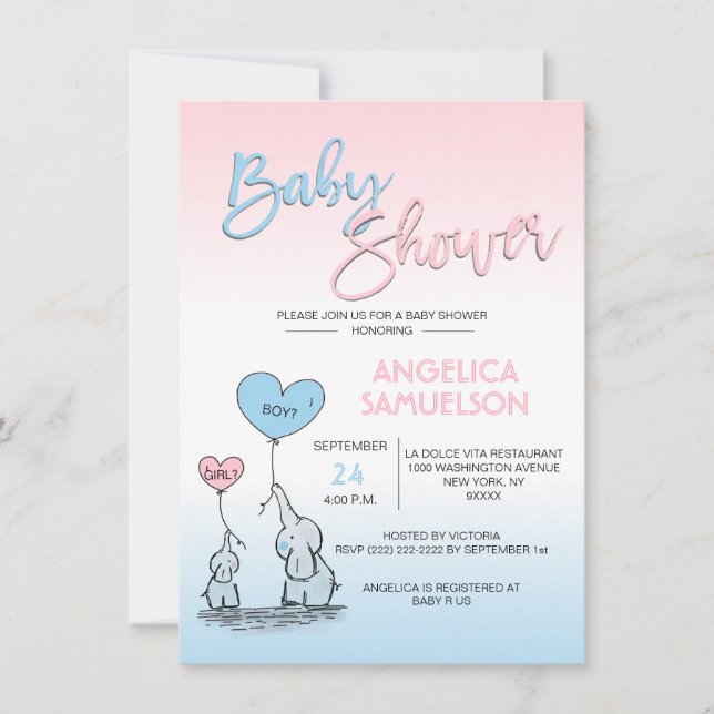 Invitación Cute Gender Revelan Neutral Elephant Baby Shower (Anverso)