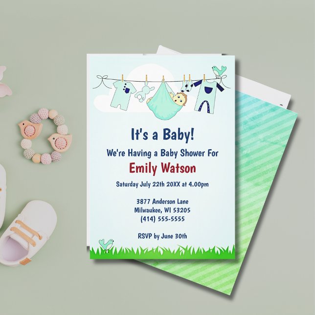 Invitación Cute Género Neutral Clothesline Boho Baby Shower (Cute Gender Neutral Clothesline Boho Baby Shower Invitation)
