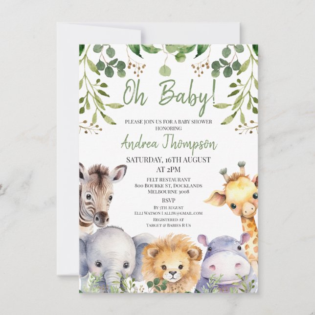Invitación Cute Género Neutral Eucalyptus Safari Baby Shower (Anverso)