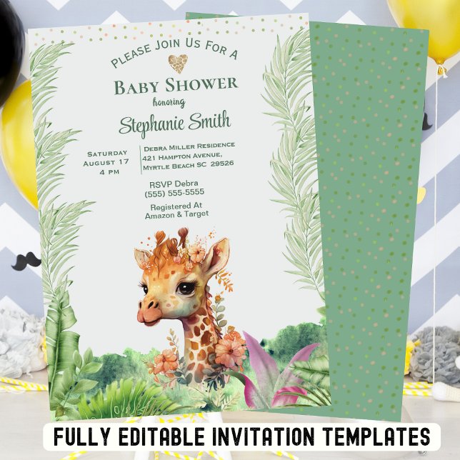 Invitación Cute Género Neutral Greenery Giraffe Baby Shower (Subido por el creador)