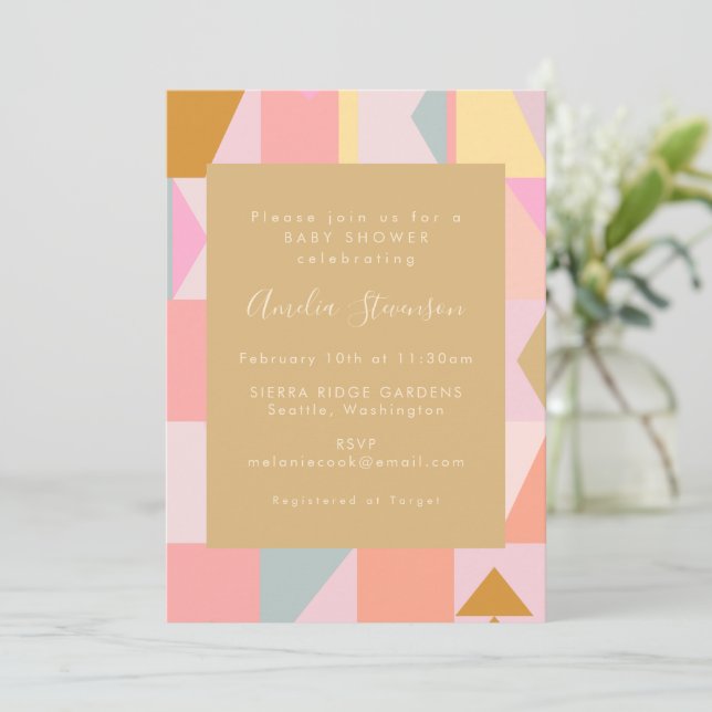 Invitación Cute Geométrico Pastel Oro Rosa Baby Shower (Anverso de pie)