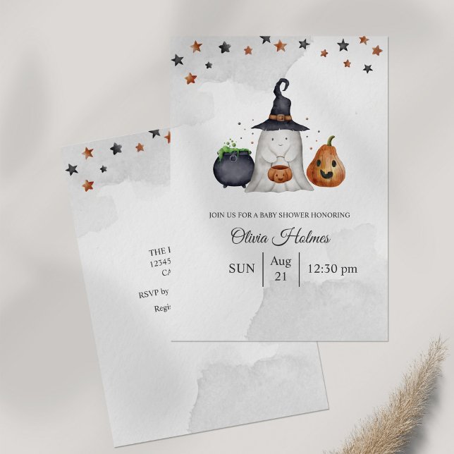 Invitación Cute Ghost Halloween Baby Shower (Halloween Baby Shower Invitation on gray table.)