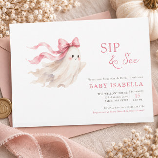 Invitación Cute Ghost Lazo Rosa Niña Bebé Bebe Y Ve