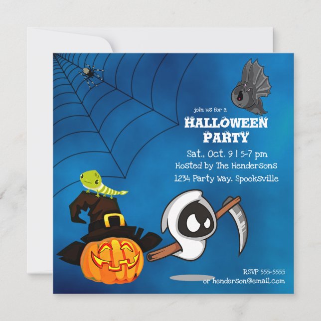 Invitación Cute Ghost Reaper y Jack-o-lantern Halloween (Anverso)