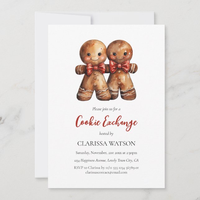 Invitación Cute Gingerbread Watercolor Cookie Exchange (Anverso)