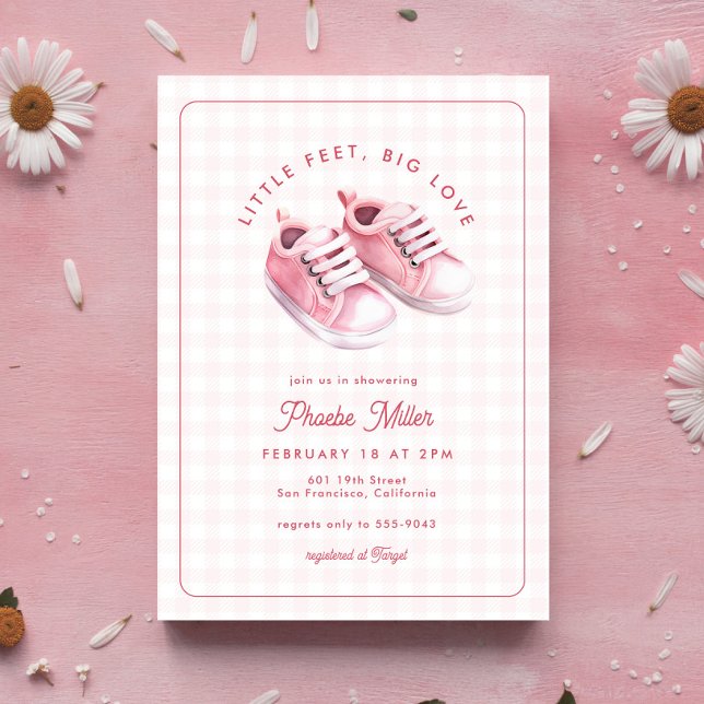 Invitación Cute Gingham Baby Sneakers Baby Shower Rosa (Subido por el creador)