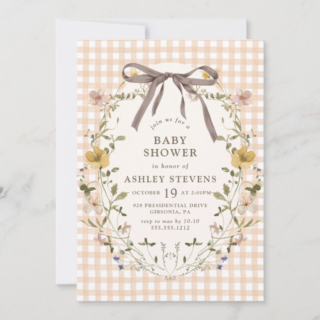 Invitación Cute Gingham Fall Floral Neutral Baby Shower (Anverso)