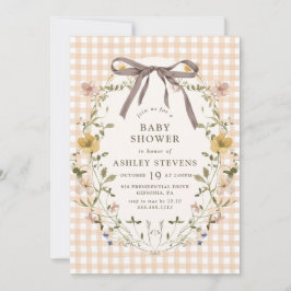 Invitación Cute Gingham Fall Floral Neutral Baby Shower