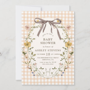 Invitación Cute Gingham Fall Floral Neutral Baby Shower