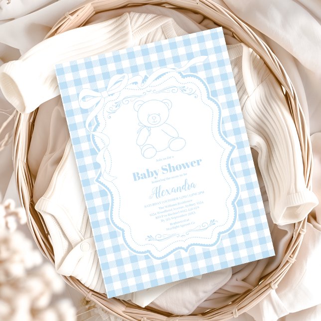 Invitación Cute Gingham French Teddy Bear Baby Shower (Subido por el creador)
