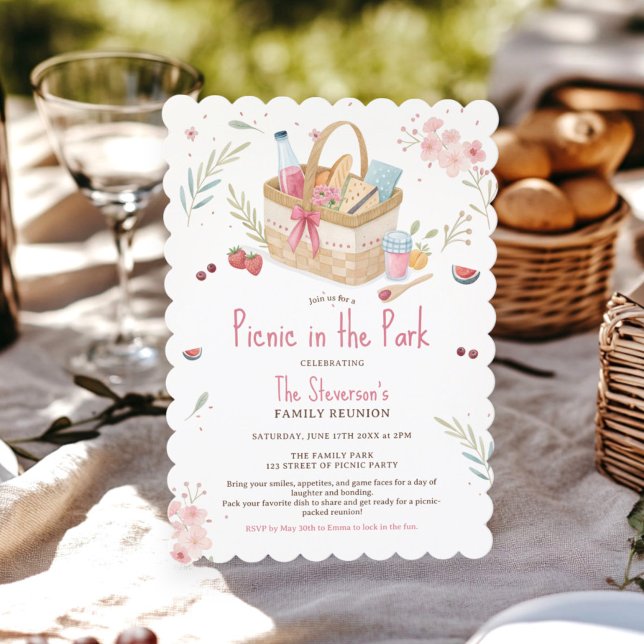 Invitación Cute Gingham Picnic en la canasta acuática del Par (Cute Gingham Picnic in the Park watercolor basket Invitation)